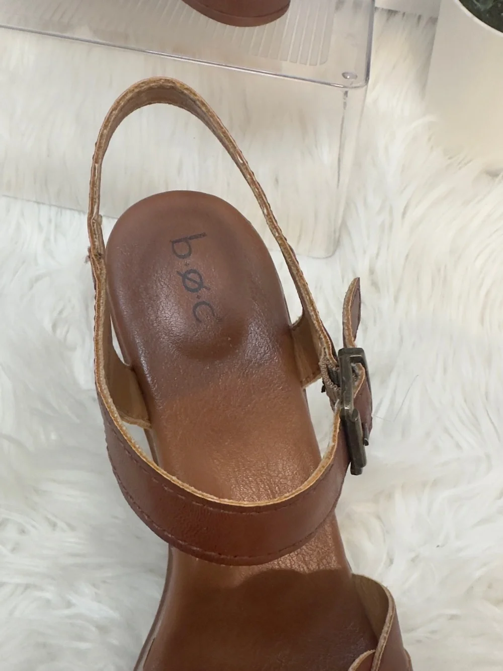 b.o.c. Brown Leather Wedge Sandals with Braided Front